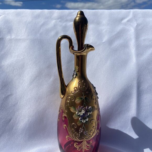 Cranberry Bohemian Glass Cruet, Gilded, Hand-painted, enameled appliques - Picture 10 of 13